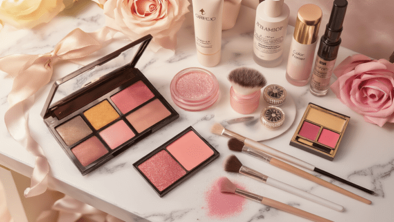 A dreamy makeup transformation on a clean vanity features pink and brown eyeshadows, layered false lashes, rosy blush, and shimmering highlights, surrounded by organized cosmetics and soft golden lighting.
