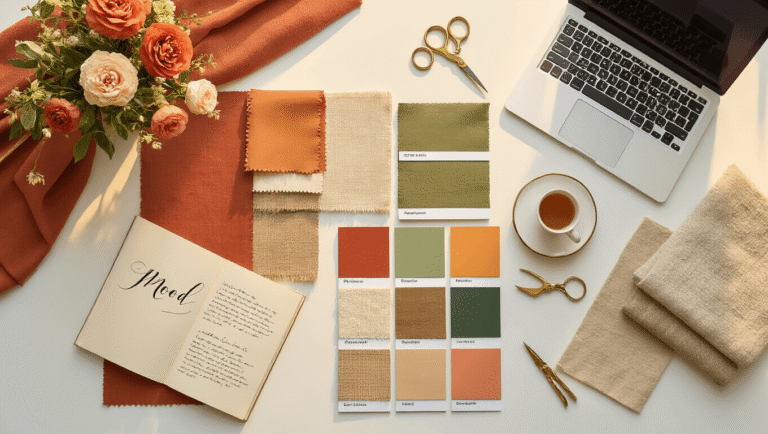 A cinematic overhead shot of a clean white workspace bathed in golden hour light, featuring a mood board creation station with fabric swatches, Pantone color books, brass scissors, handwritten notes, texture samples, a laptop displaying a digital mood board, design magazines, succulents, and a brass desk lamp, all arranged to evoke a sense of creative possibility.