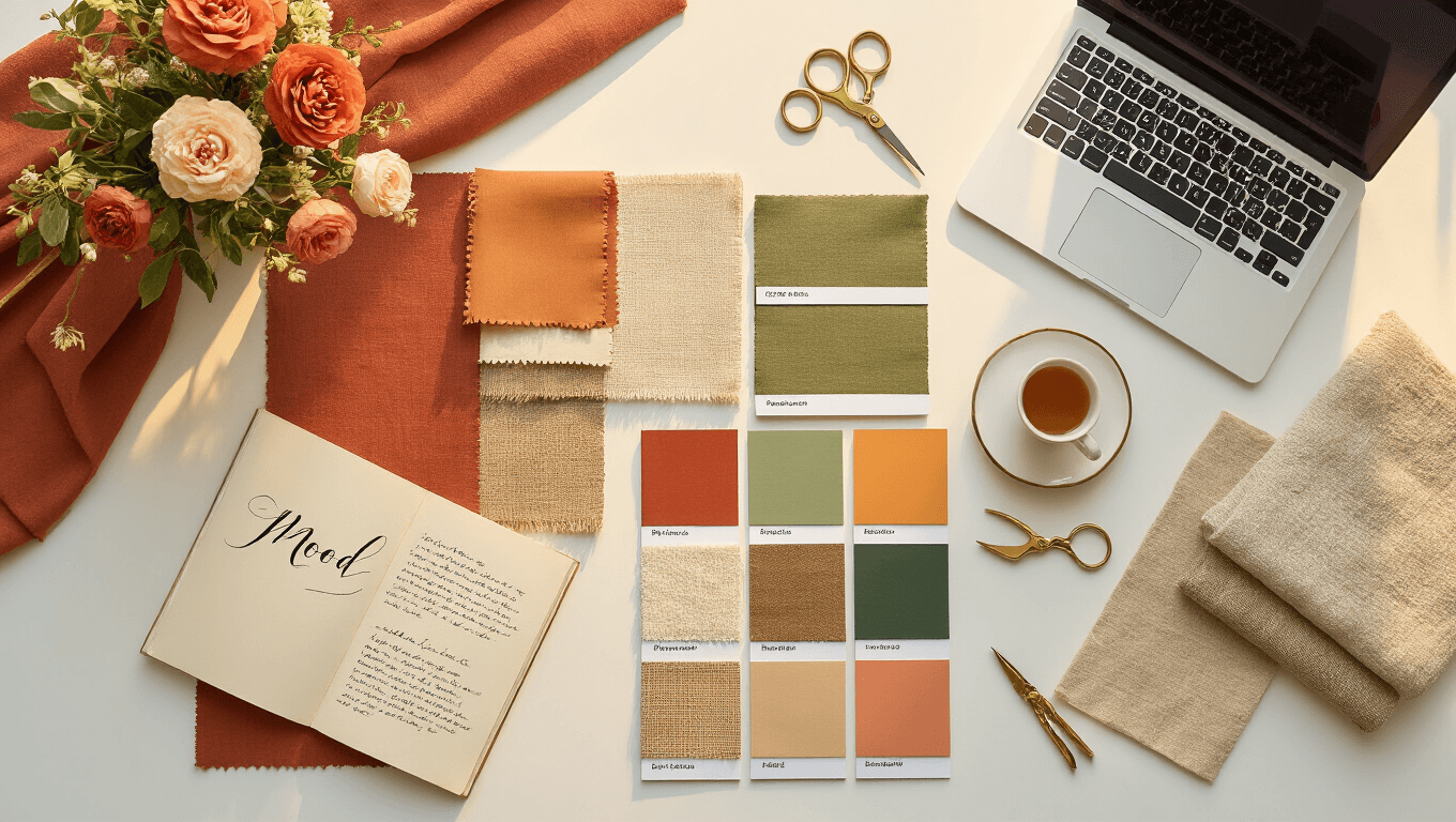 A cinematic overhead shot of a clean white workspace bathed in golden hour light, featuring a mood board creation station with fabric swatches, Pantone color books, brass scissors, handwritten notes, texture samples, a laptop displaying a digital mood board, design magazines, succulents, and a brass desk lamp, all arranged to evoke a sense of creative possibility.