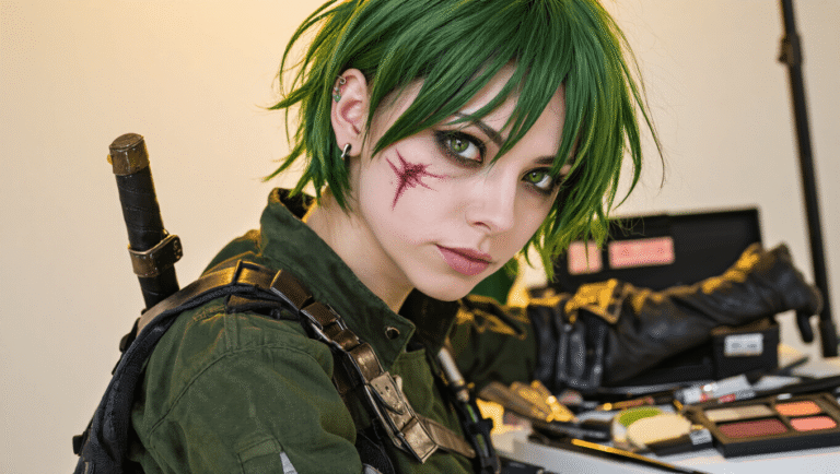 A confident cosplayer with short green-tinted hair and scar makeup, dressed in dark tactical clothing and leather accessories, poses against a clean white background with warm lighting, surrounded by hair styling tools and a special effects makeup kit.