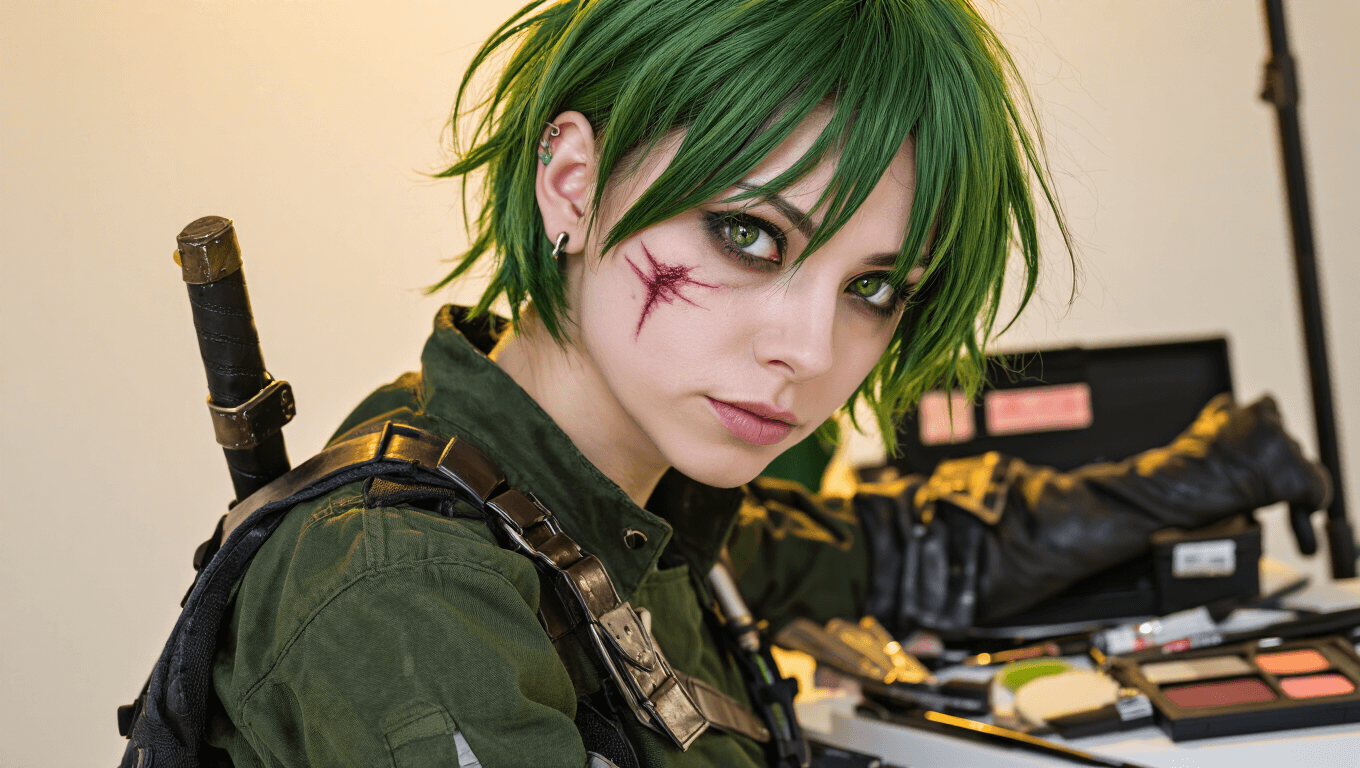 A confident cosplayer with short green-tinted hair and scar makeup, dressed in dark tactical clothing and leather accessories, poses against a clean white background with warm lighting, surrounded by hair styling tools and a special effects makeup kit.