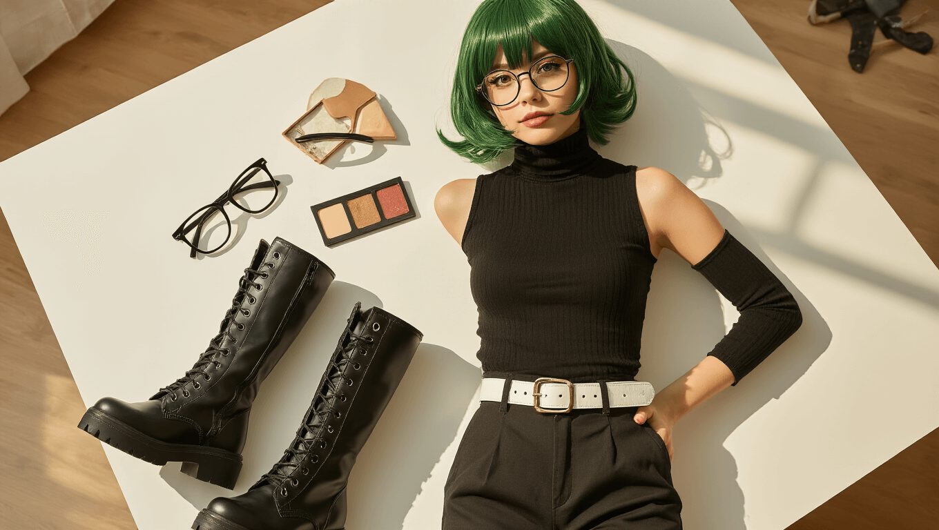 Maki Zenin cosplay elements arranged on a clean white surface, including a black sleeveless turtleneck, high-waisted tailored pants, chunky combat boots, a green-black wig, rectangular glasses, a white leather belt, and makeup accessories, bathed in warm golden hour lighting.