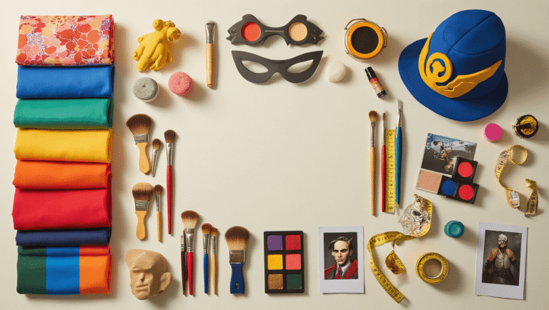A warm flat lay of male cosplay essentials on a white surface, featuring colorful fabric swatches, makeup brushes, crafting tools, foam pieces, paint tubes, character reference photos, measuring tape, and small props, all arranged to highlight the joy of costume making.