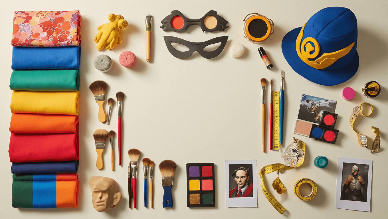 A warm flat lay of male cosplay essentials on a white surface, featuring colorful fabric swatches, makeup brushes, crafting tools, foam pieces, paint tubes, character reference photos, measuring tape, and small props, all arranged to highlight the joy of costume making.