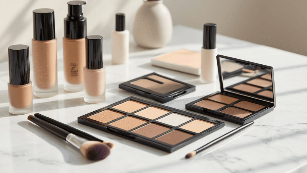 Professional makeup workspace for male cosplay featuring matte foundation, contour palette, precision brushes, brow pencils, and setting powder on a clean marble surface, with warm natural lighting and a minimalist aesthetic.