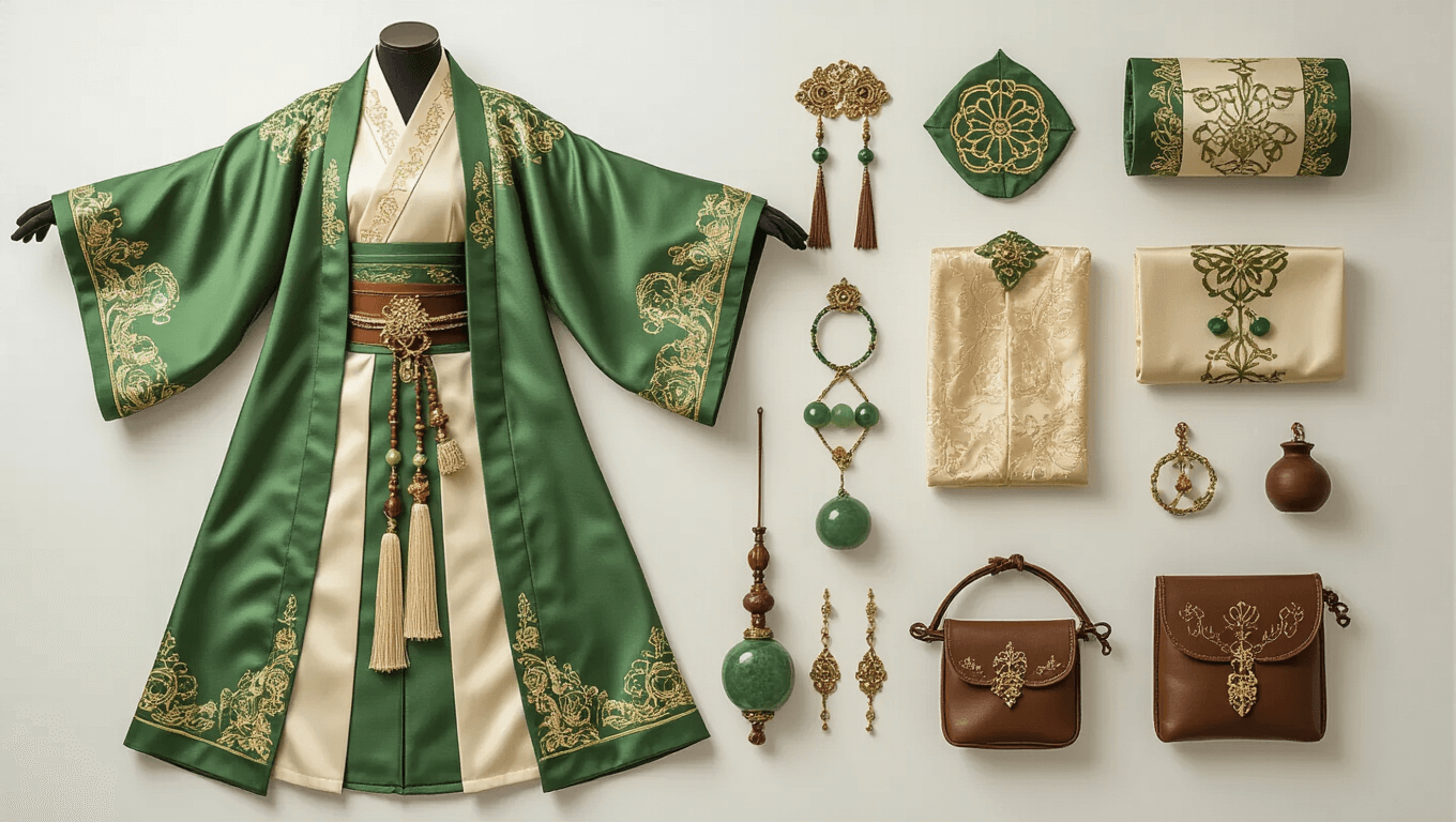 Maomao cosplay costume featuring sage green hanfu robes with gold embroidery, cream inner layers, jade accessories, and leather pouches, displayed on a clean white background with warm natural lighting.