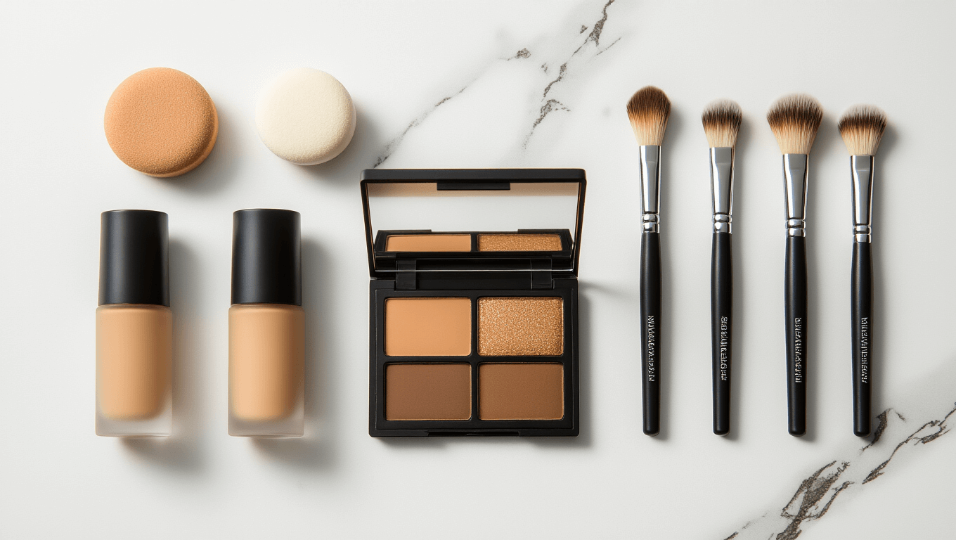 Professional makeup flat lay showcasing masculine cosplay essentials, including matte foundation bottles, contour palette, thick eyebrow pencils, and blending sponges, arranged on a white marble surface with soft natural lighting.
