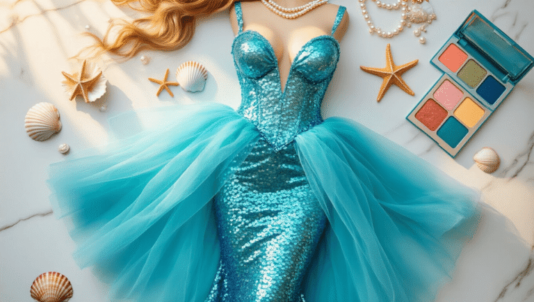 Flat lay of a dreamy mermaid costume featuring ocean-blue sequins, flowing tulle, shell accessories, pearl jewelry, starfish hair clips, and glittery makeup, arranged on a clean marble surface with warm golden hour lighting.