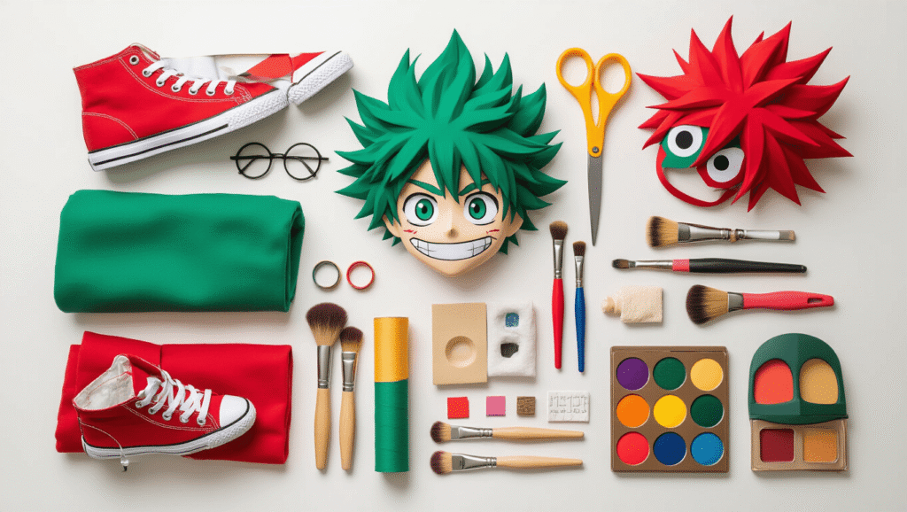 Cozy flat lay of MHA cosplay crafting materials, featuring green costume fabric, red sneakers, foam pieces, wig tools, vibrant makeup brushes, sewing supplies, and Deku's mask, all on a clean white surface with warm natural lighting.