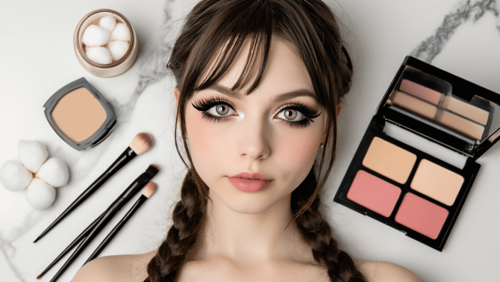 A flat lay of cosplay makeup products including black liquid eyeliner, dramatic false lashes, pale foundation, neutral eyeshadow palette, soft pink blush, and nude lipstick arranged on a white marble surface, with warm golden hour lighting enhancing textures in a gothic-kawaii style.