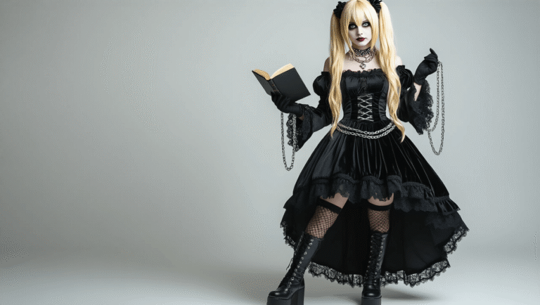 A confident model in Misa Amane cosplay, wearing a black gothic lolita dress with lace trim, blonde twin-tail wig, and silver chain chokers, holds a Death Note prop. The seamless white background and soft lighting highlight the costume's rich textures and intricate details.
