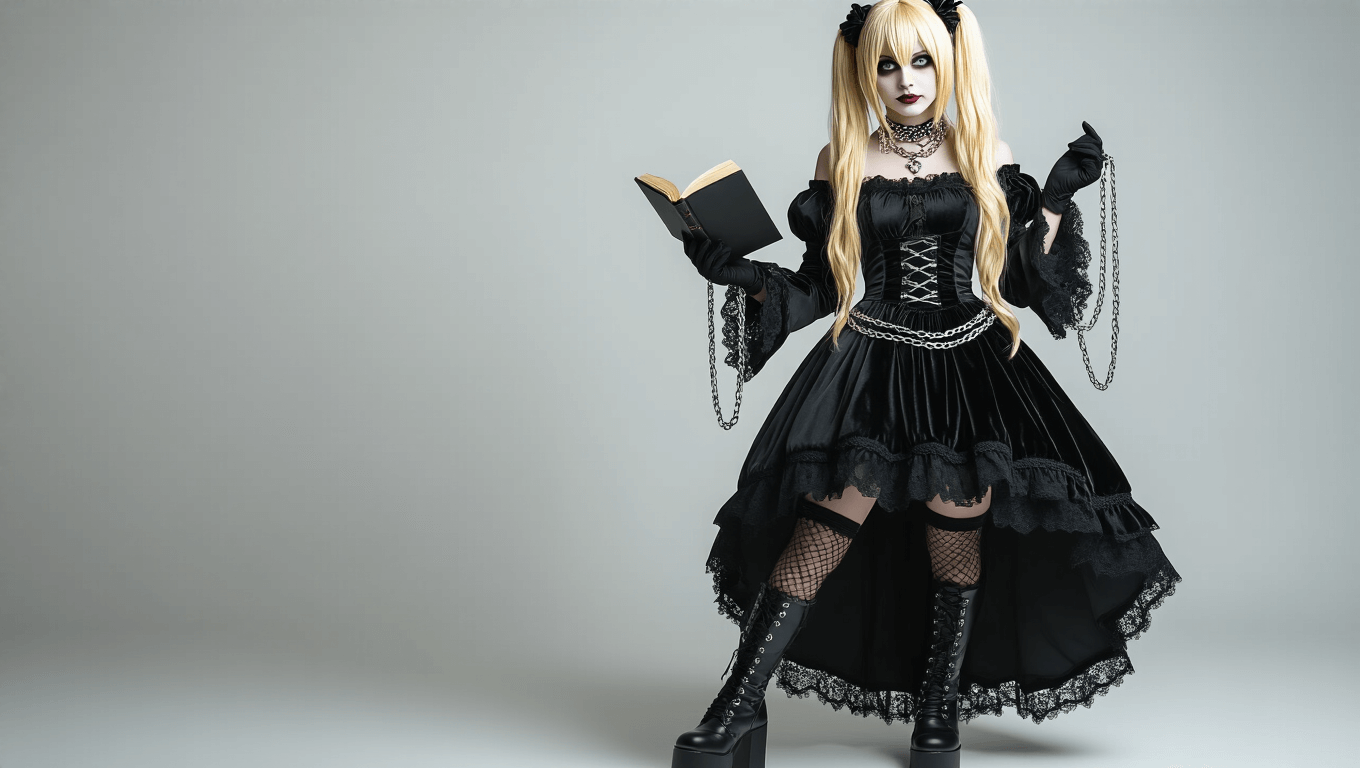 A confident model in Misa Amane cosplay, wearing a black gothic lolita dress with lace trim, blonde twin-tail wig, and silver chain chokers, holds a Death Note prop. The seamless white background and soft lighting highlight the costume's rich textures and intricate details.