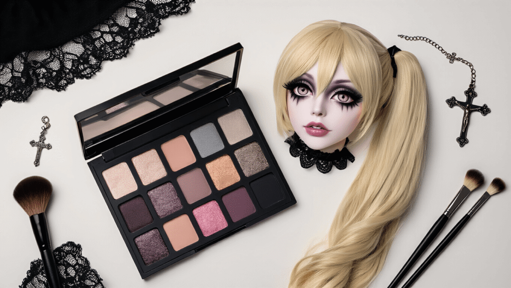 Dramatic gothic makeup palette with smoky greys and deep taupes, arranged around a long blonde pigtail wig, accompanied by black lace chokers and makeup brushes on a clean white background with warm studio lighting.