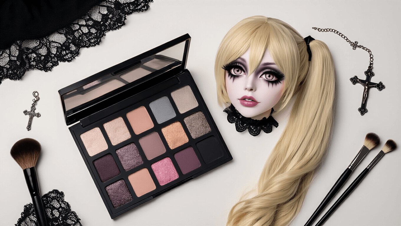 Dramatic gothic makeup palette with smoky greys and deep taupes, arranged around a long blonde pigtail wig, accompanied by black lace chokers and makeup brushes on a clean white background with warm studio lighting.