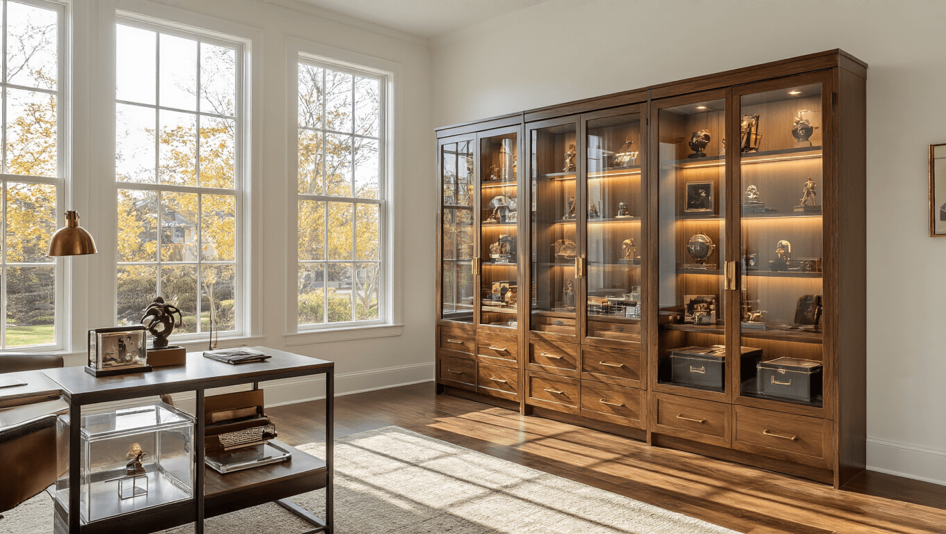 Cinematic wide shot of a modern home office with illuminated glass display cabinets showcasing collectibles, warm oak flooring, and afternoon light from large windows, featuring mahogany accents, white walls, and acrylic storage, creating a professional museum-like atmosphere.