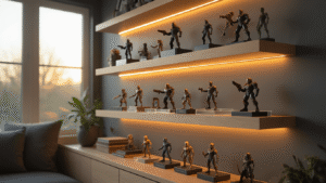 Cinematic view of a modern living room corner showcasing white oak floating shelves with premium collectible figures on acrylic risers, illuminated by golden hour sunlight, with soft LED lighting and a warm color palette.