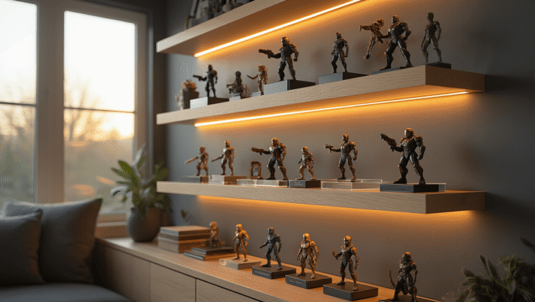 Cinematic view of a modern living room corner showcasing white oak floating shelves with premium collectible figures on acrylic risers, illuminated by golden hour sunlight, with soft LED lighting and a warm color palette.