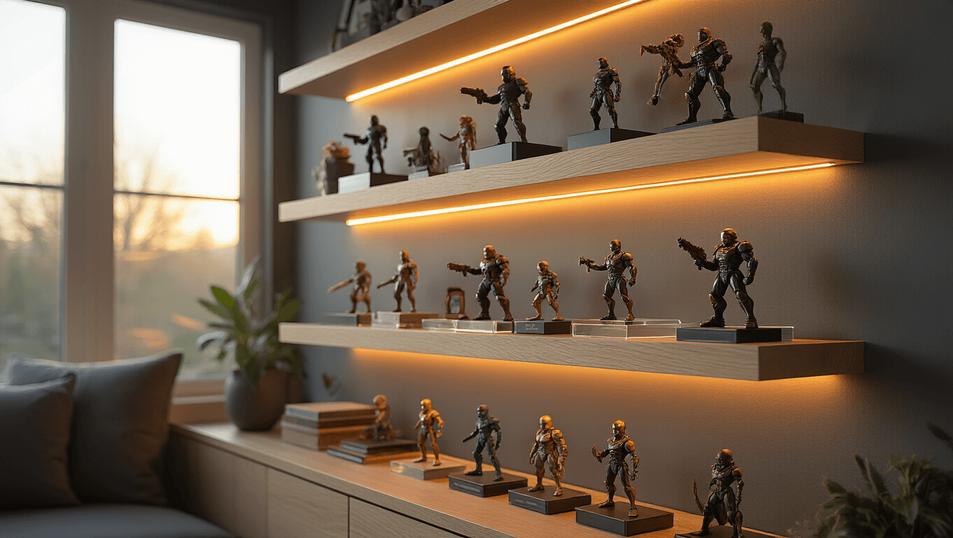 Cinematic view of a modern living room corner showcasing white oak floating shelves with premium collectible figures on acrylic risers, illuminated by golden hour sunlight, with soft LED lighting and a warm color palette.