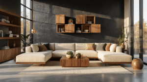 Photorealistic modern living room featuring a charcoal accent wall, floating walnut display cubes in asymmetrical arrangement, a cream sectional sofa with textured throw pillows, and a mid-century coffee table, all illuminated by warm golden hour sunlight, creating dramatic shadows and an inviting ambiance.