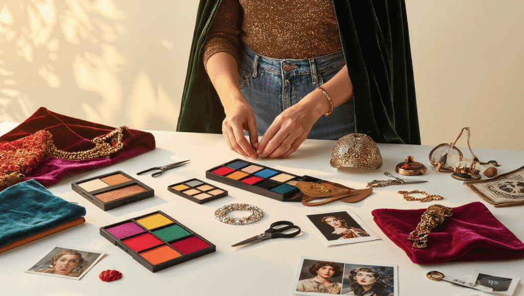 Movie Character Costumes: Your Ultimate Guide to Nailing Iconic Film Looks A woman in casual attire arranges colorful fabric swatches, makeup palettes, and vintage accessories on a white surface, illuminated by warm golden hour lighting, surrounded by character reference photos and various crafting materials.