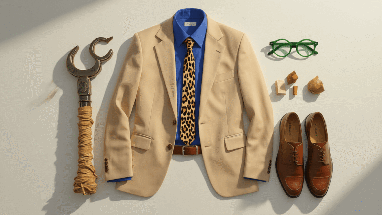 Professional flat lay of anime cosplay inspired by Nanami Kento featuring a beige suit, blue shirt, leopard-print tie, green glasses, leather accessories, and a DIY cursed tool prop on a clean white background with warm golden hour lighting.