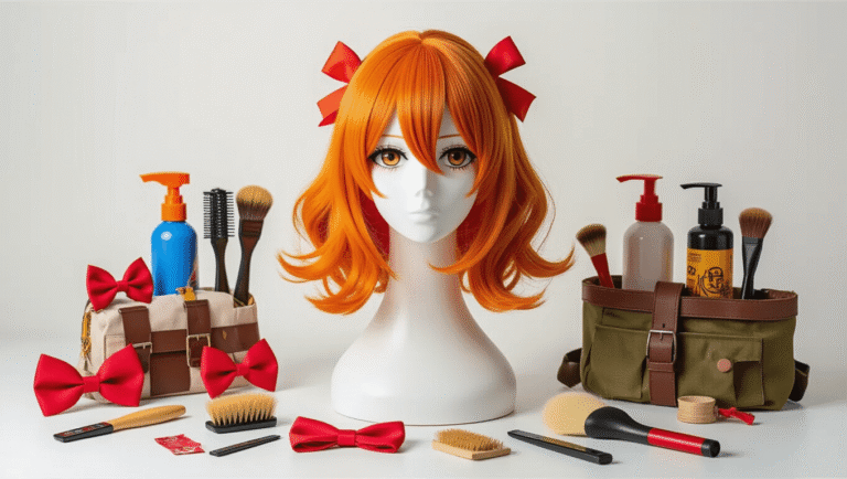 Vibrant tangerine orange cosplay wig on a mannequin head, surrounded by styling tools and colorful character accessories against a clean white background with warm lighting.
