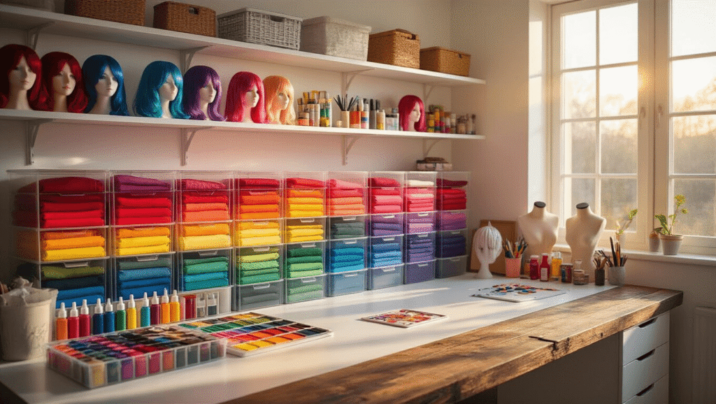 A vibrant and organized craft room featuring rainbow-sorted cosplay supplies on white floating shelves, bathed in golden hour sunlight, with colorful fabrics, wigs, and paint bottles, all set against a clean Scandinavian aesthetic.
