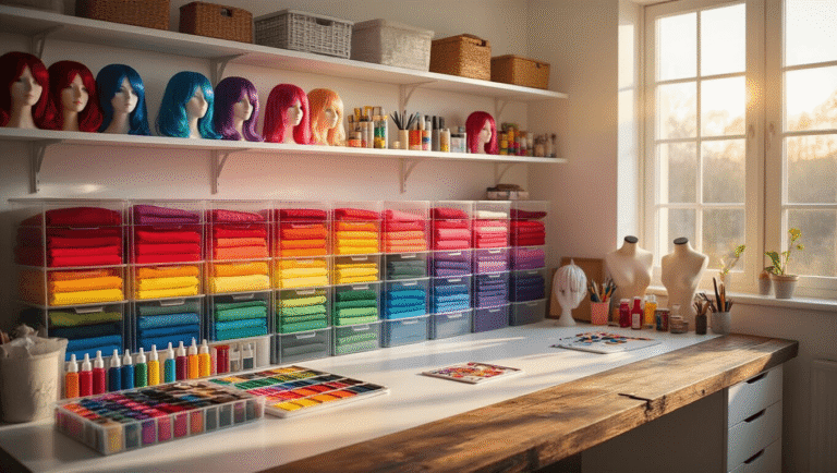 A vibrant and organized craft room featuring rainbow-sorted cosplay supplies on white floating shelves, bathed in golden hour sunlight, with colorful fabrics, wigs, and paint bottles, all set against a clean Scandinavian aesthetic.