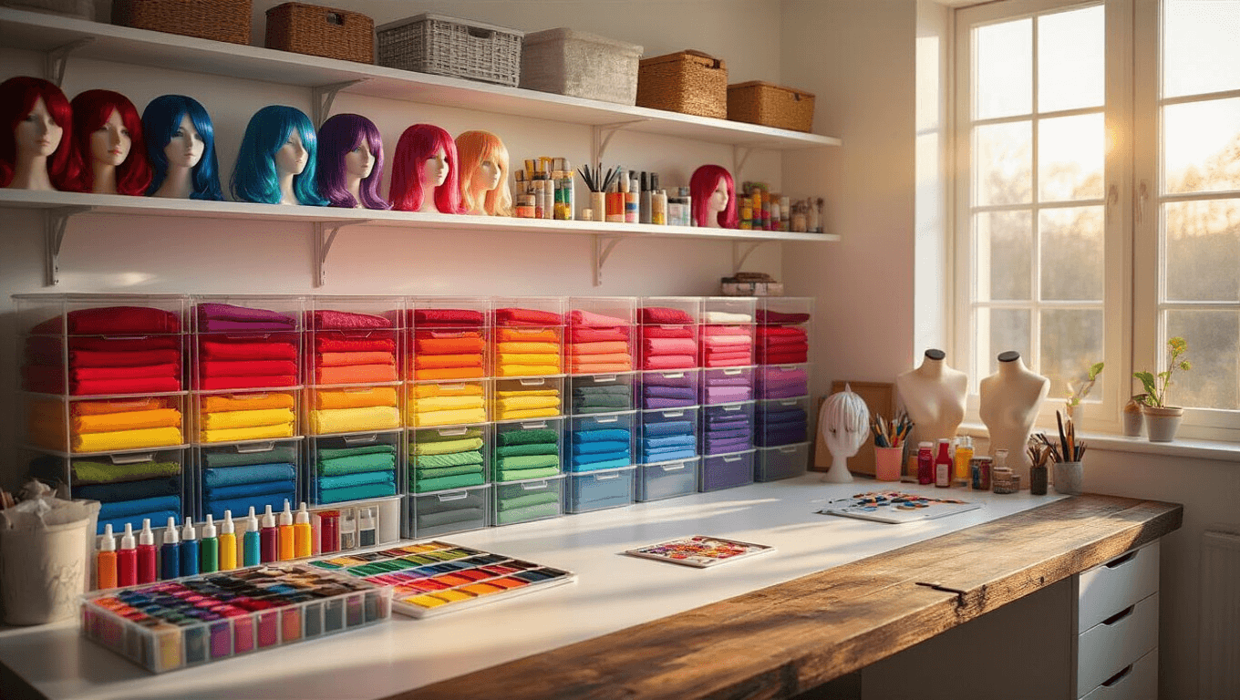 A vibrant and organized craft room featuring rainbow-sorted cosplay supplies on white floating shelves, bathed in golden hour sunlight, with colorful fabrics, wigs, and paint bottles, all set against a clean Scandinavian aesthetic.