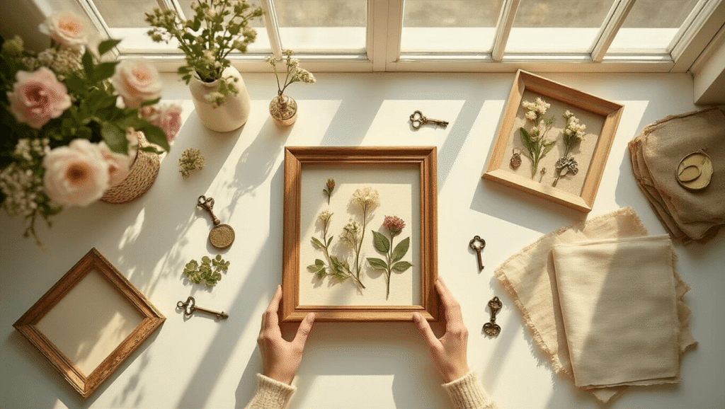 Cinematic overhead view of a bright crafting workspace with shadow box materials, including wooden frames, pressed flowers, and antique keys, arranged on a clean white surface illuminated by warm golden hour light.