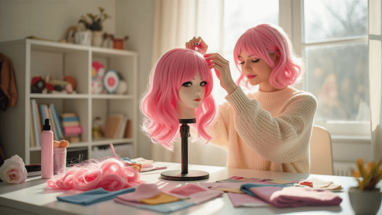 A young woman in a cream knit sweater styles a vibrant cotton candy pink cosplay wig on a mannequin head, surrounded by organized wig tools and colorful accessories in a sunlit bedroom.