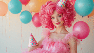 A colorful pink cosplay outfit with a curly pink wig, layered tulle dress, and party accessories like balloons and hats, set against a clean white background with warm lighting.