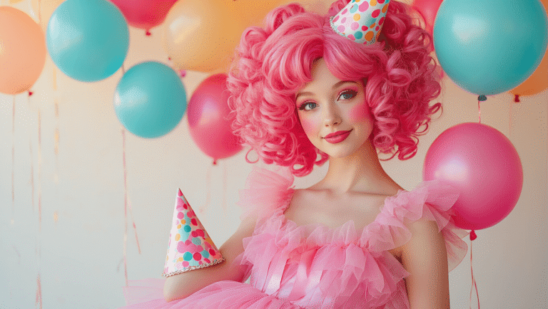 A colorful pink cosplay outfit with a curly pink wig, layered tulle dress, and party accessories like balloons and hats, set against a clean white background with warm lighting.