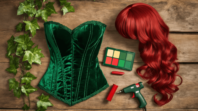 Flat lay of Poison Ivy cosplay essentials on a rustic wooden surface, featuring an emerald velvet corset, cascading artificial ivy leaves, a vibrant crimson wig, an emerald makeup palette, glossy red lipstick, a hot glue gun, and scattered leaf accessories, all bathed in warm golden morning light.