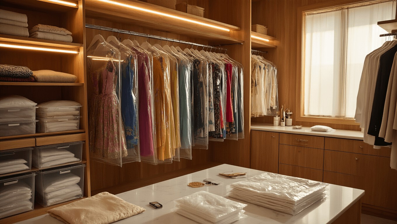 A cinematic wide shot of an organized premium walk-in closet with cedar wood walls, showcasing colorful costumes in breathable garment bags, clear acrylic storage containers with silica packets, and neatly arranged fabric cleaners on a marble surface, all illuminated by warm LED lighting and golden hour sunlight.