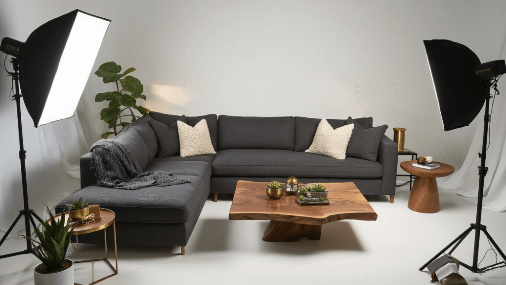 Overhead shot of a professional prop lighting setup featuring a charcoal sectional sofa, live-edge walnut coffee table, and decorative props, all dramatically lit with soft diffused key lighting and accent lights, set against polished concrete floors.