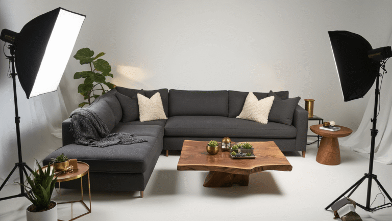 Overhead shot of a professional prop lighting setup featuring a charcoal sectional sofa, live-edge walnut coffee table, and decorative props, all dramatically lit with soft diffused key lighting and accent lights, set against polished concrete floors.