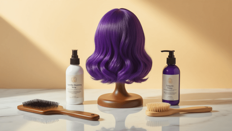 Vibrant purple cosplay wig on a wooden stand, surrounded by a wide-tooth comb, detangling spray, wig shampoo, and a soft bristle brush on a white marble surface, illuminated by warm golden hour lighting.