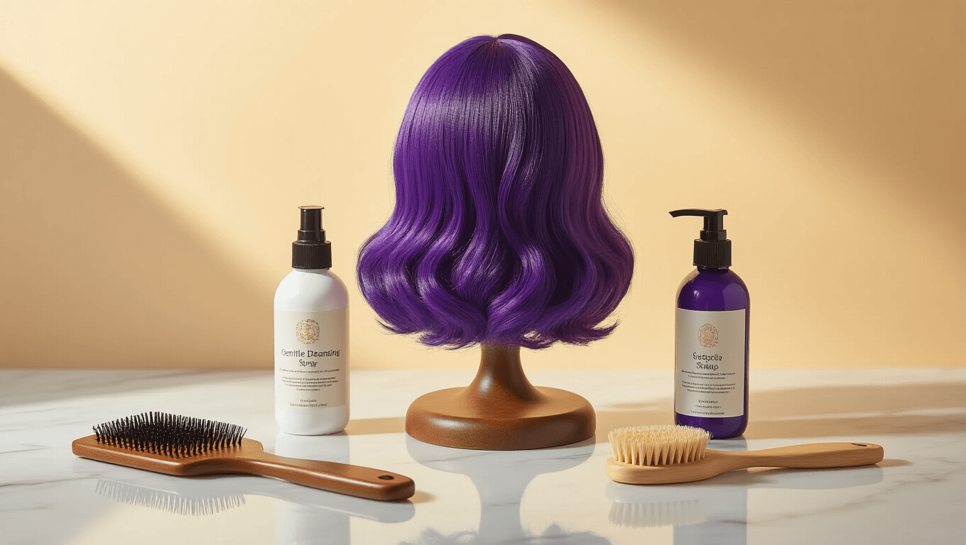 Vibrant purple cosplay wig on a wooden stand, surrounded by a wide-tooth comb, detangling spray, wig shampoo, and a soft bristle brush on a white marble surface, illuminated by warm golden hour lighting.