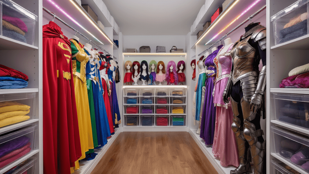 A wide-angle view of a pristine walk-in closet showcasing a rainbow of organized cosplay costumes on chrome velvet hangers, illuminated by warm LED lighting, with acrylic bins for wigs and reflecting polished hardwood floors.