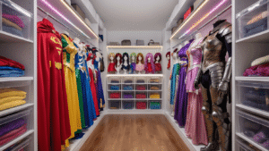 A wide-angle view of a pristine walk-in closet showcasing a rainbow of organized cosplay costumes on chrome velvet hangers, illuminated by warm LED lighting, with acrylic bins for wigs and reflecting polished hardwood floors.