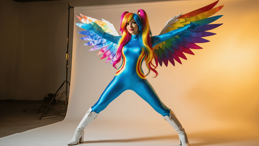 A confident woman in Rainbow Dash cosplay poses dynamically in a cyan blue bodysuit with rainbow accents, multicolored wig, white leather boots, and iridescent wings against a soft-lit white backdrop.