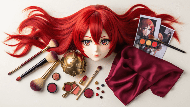 Flat lay of a vibrant crimson cosplay wig, jewel-toned contact lenses, rich pigment makeup brushes, metallic armor accessories, deep red fabric pieces, and character reference photos on a white surface, illuminated by warm golden hour lighting.