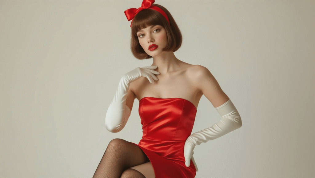 A model in a vibrant red satin tube dress and white elbow-length gloves poses in a minimalist white studio, showcasing a short brown bob wig with a red ribbon headband. The warm golden hour lighting accentuates the luxurious texture of the fabric, while her elegant pose adds a touch of vulnerability.