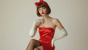 A model in a vibrant red satin tube dress and white elbow-length gloves poses in a minimalist white studio, showcasing a short brown bob wig with a red ribbon headband. The warm golden hour lighting accentuates the luxurious texture of the fabric, while her elegant pose adds a touch of vulnerability.