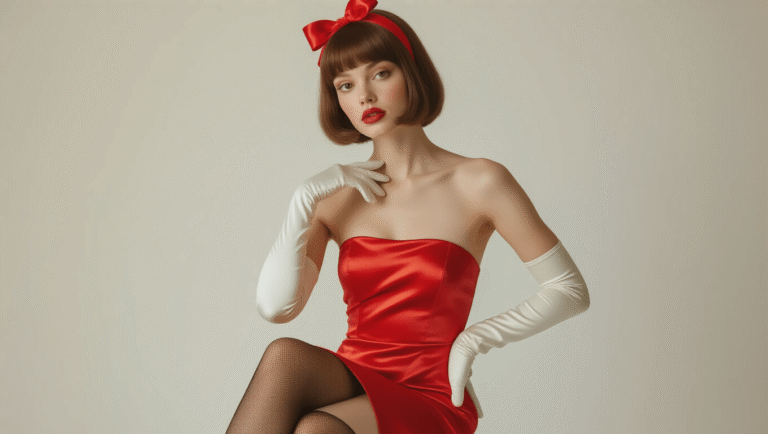 A model in a vibrant red satin tube dress and white elbow-length gloves poses in a minimalist white studio, showcasing a short brown bob wig with a red ribbon headband. The warm golden hour lighting accentuates the luxurious texture of the fabric, while her elegant pose adds a touch of vulnerability.