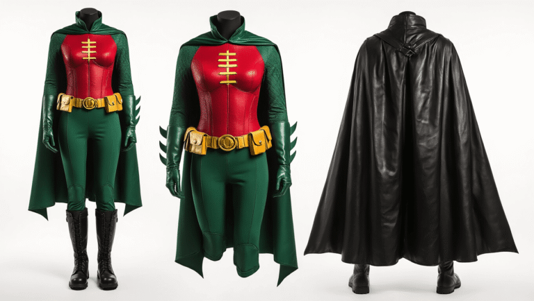 Vibrant Robin superhero costume with red and green fitted top, black flowing cape, leather utility belt, and sturdy combat boots, arranged on a clean white background, showcasing rich textures and dramatic lighting.