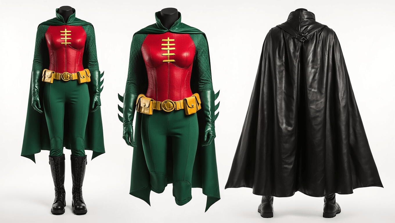 Vibrant Robin superhero costume with red and green fitted top, black flowing cape, leather utility belt, and sturdy combat boots, arranged on a clean white background, showcasing rich textures and dramatic lighting.