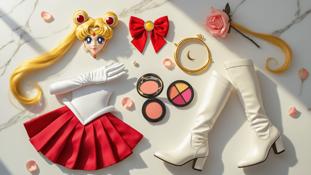 Flat lay of Sailor Moon cosplay essentials on white marble, featuring a golden transformation brooch, blonde wig with red ornaments, white gloves, red sailor bow, navy skirt, white boots, crescent moon mirror, and makeup palette, accented by rose petals and pearl accessories.