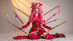 A vibrant sakura cosplay display with a pink wig, red ninja outfit, colorful magical wands, and accessories, arranged on a clean white background with soft golden hour lighting and cherry blossom petals.
